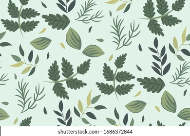 Green leaves seamless pattern in a simple hand-drawn style. Vector design element for print, wrapping paper, Wallpaper, postcards, invitations. Many different plant leaves on a pastel background.