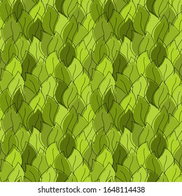 Green leaves seamless pattern. Spring surface print. Botanic motif. Eco, natural, organic concept background. Continuous single line design. Modern simple minimal flat style vector wallpaper