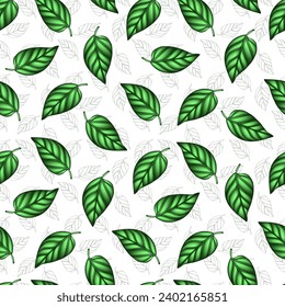 Grüne Blätter nahtlose Muster für Textilien, Gewebe, Tapeten oder Bücherei, handgezeichnete Blumengrafik, botanischer, grüner Vektorhintergrund.