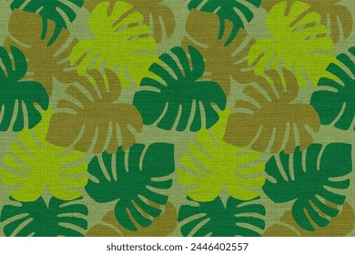 Green leaves seamless pattern in tribal.Ethnic leaf surface design on canvas fabric texture background .Nature botanical folk art illustration.Design for eco, seasonal,earth day,print product,decor.