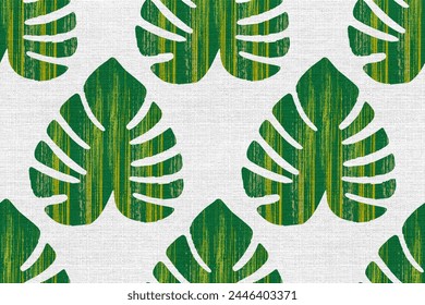 Green leaves seamless pattern in tribal.Ethnic leaf surface design on canvas fabric texture background .Nature botanical folk art illustration.Design for eco, seasonal,earth day,print product,decor.