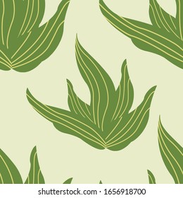 Green leaves seamless pattern vector for wallpaper, wrapping and textile. Botanical elements endless fabric. Greenery repeat texture. Small plant contemporary background.