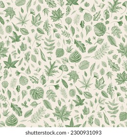 Green Leaves. Seamless pattern. Vector vintage illustration. 