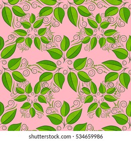 Green leaves seamless pattern. Vector illustration. Tender pink background