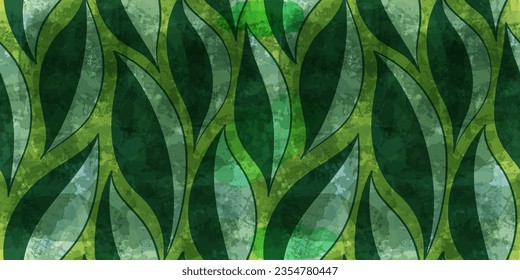 Green leaves seamless vector pattern. Watercolor tea leaf background, textured jungle print