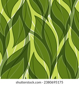 Green leaves seamless vector pattern. Watercolor tea leaf background, textured jungle print