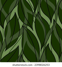 Green leaves seamless vector pattern. Watercolor tea leaf background, textured jungle print