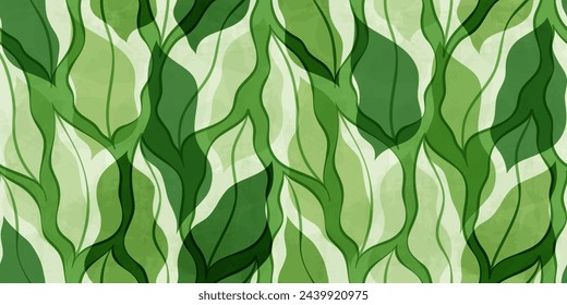 Green leaves seamless vector pattern. Watercolor leaf background, textured jungle print 