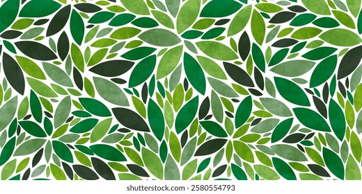 Green leaves seamless vector pattern. Watercolor tea leaf background, textured jungle print.