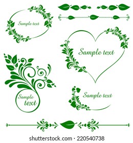 Green leaves set. Collection of design elements vintage set isolated on White background. Vector illustration 