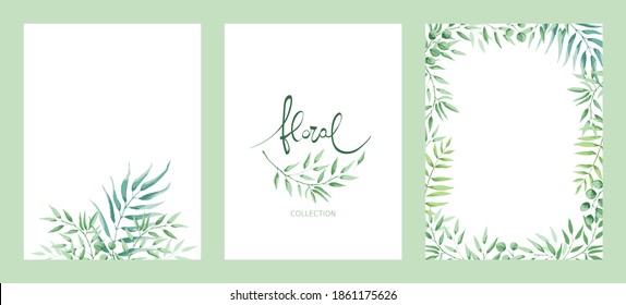 Green leaves -- set of templates for invitations. Three Vector illustration, background with design element in watercolor style.	