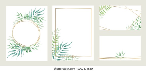 Hojas verdes — conjunto de plantillas para invitaciones. Ilustración de tres vectores, marco, fondo con elemento de diseño en estilo acuarela.