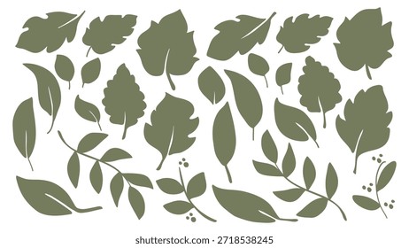 Green Leaves Silhouette Bundle Plants Hand Drawn Flowers Elements Set. Vector Illustration