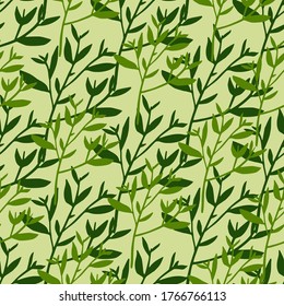 Silueta de hojas verdes sin costura. Tiras decorativas. Papel de fondo vectorial de ramas de árbol. Fondo natural.  Diseño para tela, impresión textil, papel de envoltura, cubierta.