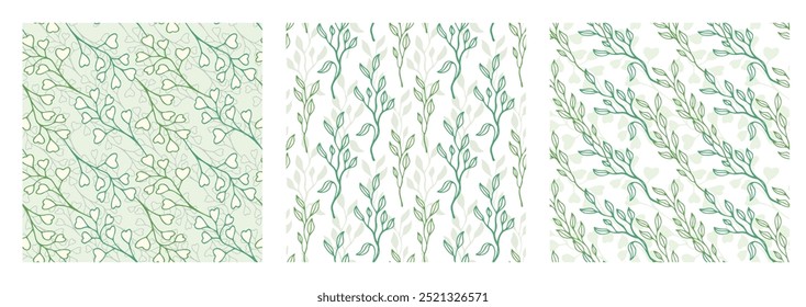 Green leaves simple greenery seamless pattern set with line art nature branch set