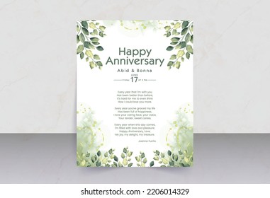 Green leaves with smokey watercolor background anniversary card