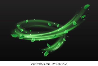 Green leaves and sparkles whirling flow of magic dust realistic vector illustration. Mystical nature power 3d element on black background