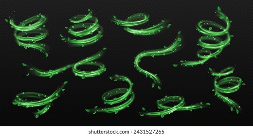 Green leaves and sparkles whirls realistic vector illustration set. Magic of nature power. Storm wind 3d elements on transparent background