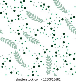Green leaves and spots seamless pattern. Vector background.