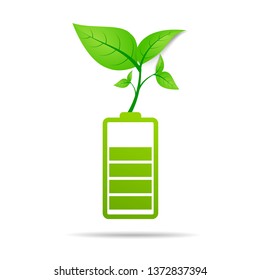 Green leaves  sprouting on battery. Energy based on ecology sveing concept