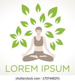 Green leaves surrounding young woman in yoga pose, vector logo template