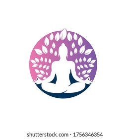 Green leaves surrounding young woman in yoga pose, vector logo template. 
