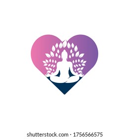 Green leaves surrounding young woman in yoga pose, vector logo template.