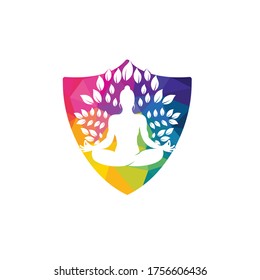Green leaves surrounding young woman in yoga pose, vector logo template. 