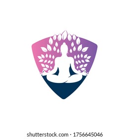 Green leaves surrounding young woman in yoga pose, vector logo template. 