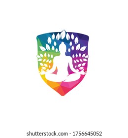 Green leaves surrounding young woman in yoga pose, vector logo template. 