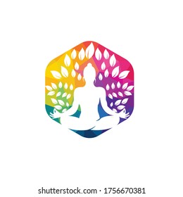 Green leaves surrounding young woman in yoga pose, vector logo template. 