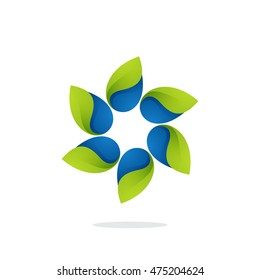 Green leaves in a swirl star logo. Vector ecology elements for banner, presentation, web page, card, labels or posters.