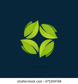 Green leaves in a swirl star logo. Vector ecology elements for banner, presentation, web page, card, labels or posters.