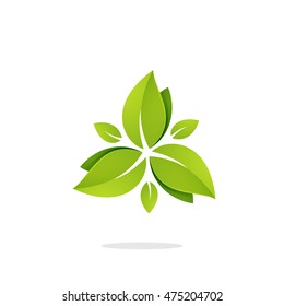 Green leaves in a swirl triangle logo. Vector ecology elements for banner, presentation, web page, card, labels or posters.