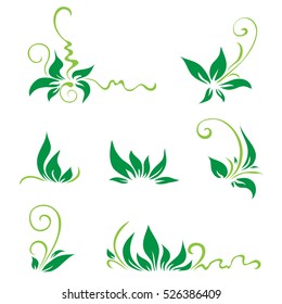 Green leaves and swirls for decor. Vector illustration