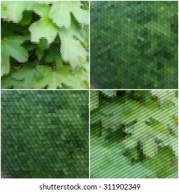 Green leaves texture. Collection of abstract multicolored backgrounds. Natural geometrical patterns. Triangular and hexagonal style vector illustration.