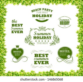 Green leaves texture and  typography elements elements for Summer Holidays/ calligraphic designs/ ornaments / labels