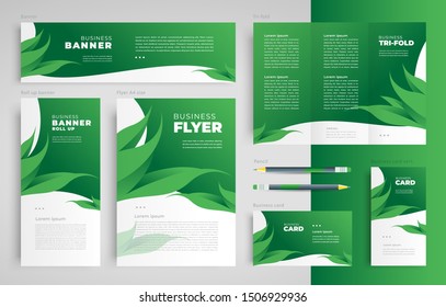 Green leaves theme foliage Set flyer cover, tri-fold, banner, roll up banner, business card green color