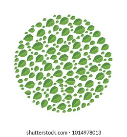 Green leaves of tree arranged in the shape of a circle. Design element, vector illustration, isolated on white background.