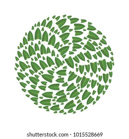 Green leaves of tree arranged in the shape of a circle. Design element, vector illustration, isolated on white background.