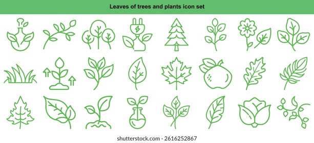 Green Leaves Trees Plants Vector Icon Set