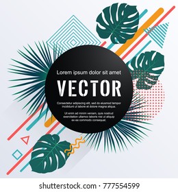 Green leaves, triangle, circle, rhombus shapes memphis geometry frame template. Monstera and washingtonia palm jungle tropical leaves vector geometric shapes frame memphis style cool graphic design.