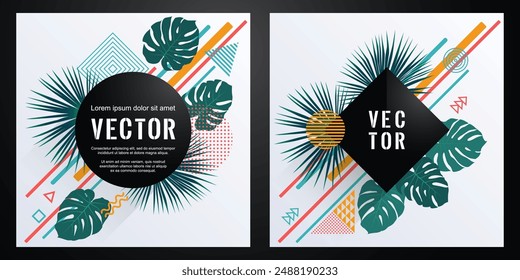 Green leaves, triangle, circle, square, rhombus shapes geometry frame templates. Monstera and washingtonia palm jungle tropical leaves vector geometric shapes frame memphis style cool graphic design