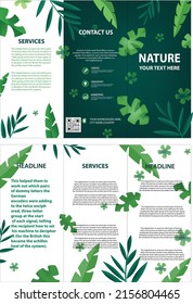 Green leaves for tri-fold nature spring brochure template design Vector modern  Leaflet Poster A4 size - Vector