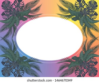 Green Leaves of tropical palm trees symmetrically in pastel colors. Place for advertising. Monstera, agave, banana. Vector illustration