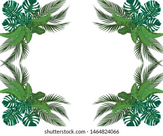 Green Leaves of tropical palm trees symmetrically. Bouquets. Monstera, agave, banana. Vector illustration