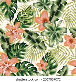 green leaves tropical seamless pattern fashionable texture with colorful flower plant foliage on white background. Floral background. Exotic tropic. Summer design. wallpaper decor