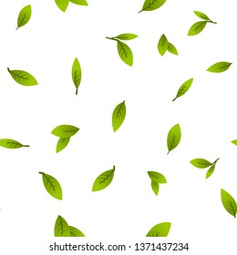 Green Leaves, Twigs Cartoon Vector Seamless Pattern. Sprouts, Plants, Bush, Tea Leaves Falling Textile, Fabric, Backdrop. Tree Branches On White Background. Nature, Botany Flat Illustration