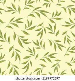 Green leaves twigs ditsy on light vector seamless pattern retro background. Great for fabric, textile prints, clothing, packaging, covers and much more