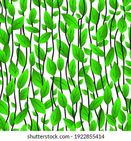 Green leaves and twigs. Seamless pattern. Spring background. Vector illustration.  
